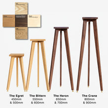 Load image into Gallery viewer, Set of wooden speaker stands by Audio Chic in various sizes with colour swatches on a white background