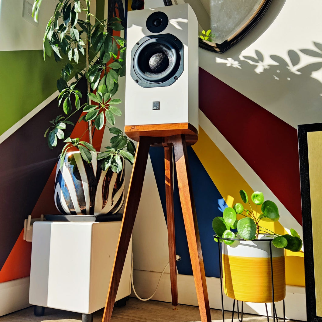 ATC-SCM-19-Heron-Walnut-speaker-stand in a colourful corner of a living room