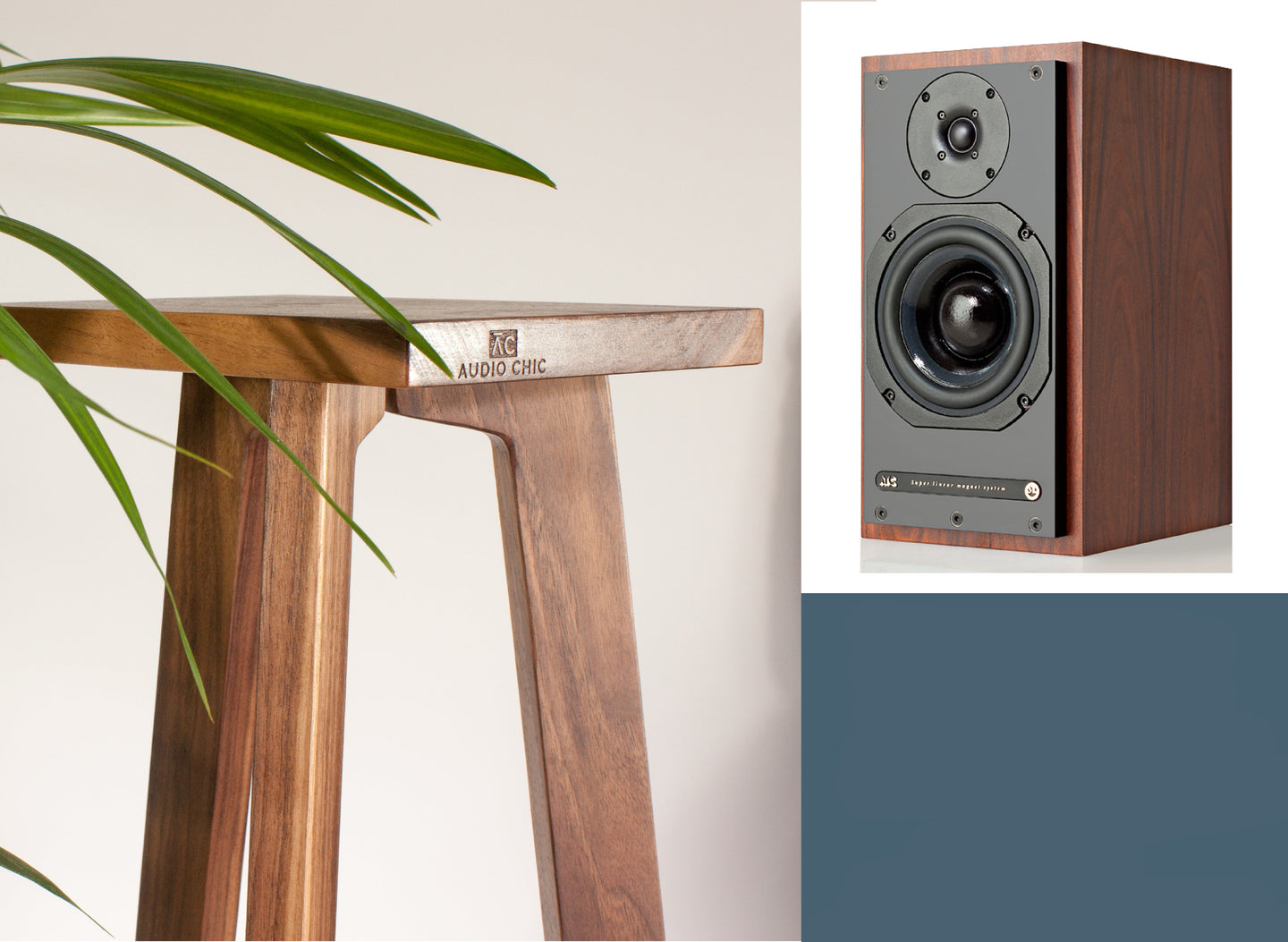 ATC SCM20 PSL speaker stand. shown in walnut and available in a range of heights and timbers to fit the footprint of the speaker.