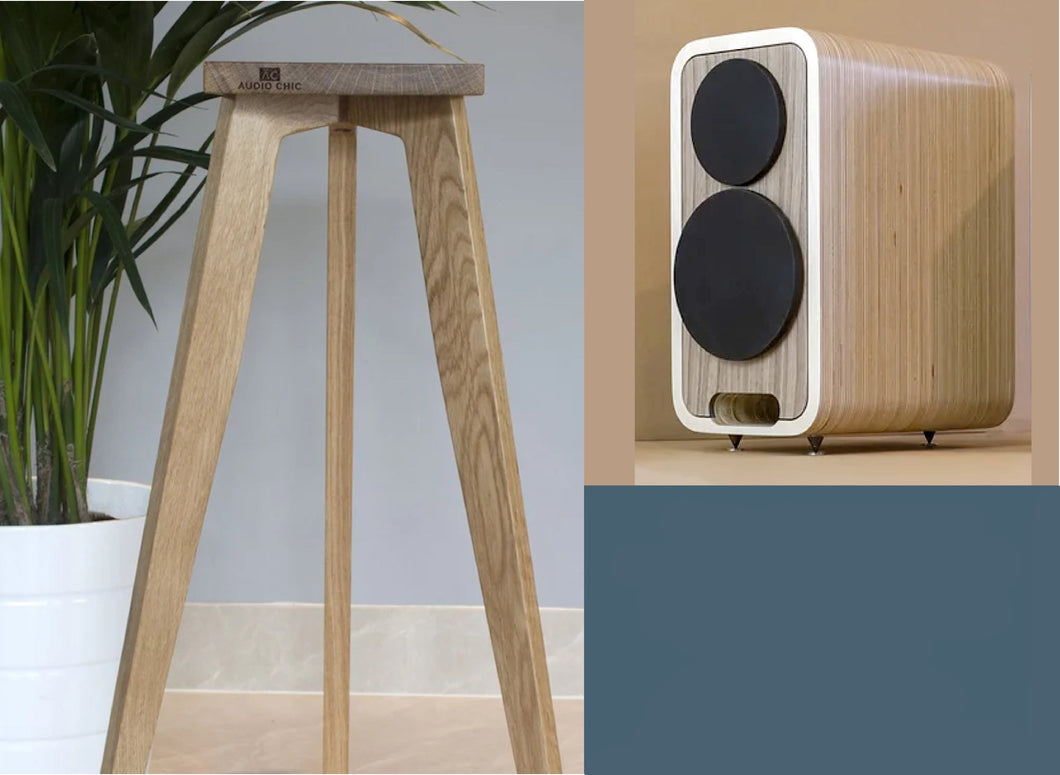 Audel Magika MK2 speaker stands in a range of heights from 140-900mm, shown in an oak wood finish.