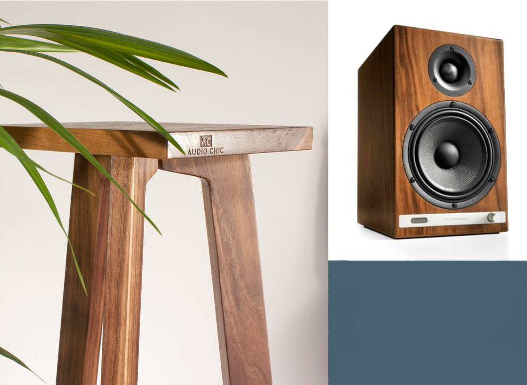 A pair of Audioengine HD6 speaker stands made of wood, from Audio Chic in a range of heights and timber options