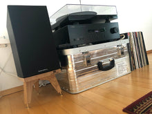 Load image into Gallery viewer, B&amp;W-606-oak-drunken-snipe-speaker-stand-by-audio-chic. Record player with vinyl records on a wooden floor