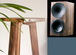 Buchardt Audio A10s Anniversary 10 speaker stands with a American Walnut tri leg speaker stand by Audio Chic