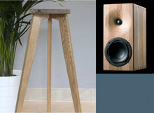 Load image into Gallery viewer, Wooden speaker stand with a close-up of a speaker, text about height range for Buchardt E50 speakers.