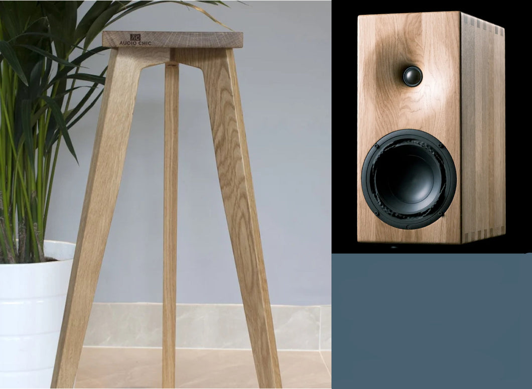 Wooden speaker stand with a close-up of a speaker, text about height range for Buchardt E50 speakers.