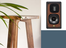 Load image into Gallery viewer, A pair of Castle Acoustics Richmond IV speaker stands in walnut finish, with a textured isolation plinth, shown in an elevated position with a set of Avon 1 speakers on top, placed against a backdrop featuring a green potted plant and a textured white wall.