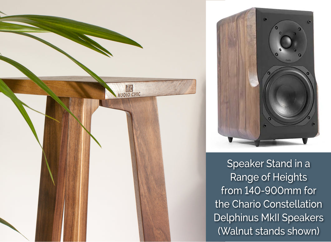 Wooden speaker stand with a speaker on a white background, featuring the Audio Cell brand.