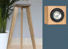 Load image into Gallery viewer, An image showing a pair of DMAX Audio Super Cubes 5 speaker stands. The stands are made of oak and are available in varying heights from 140-900mm, with a cube-shaped speaker.