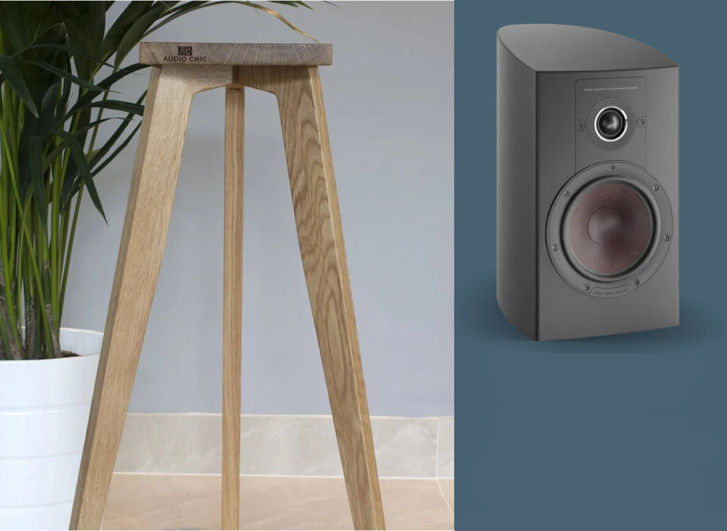 DAli Epicon 2 speaker stand shown in oak with the audio chic brand logo on the front.