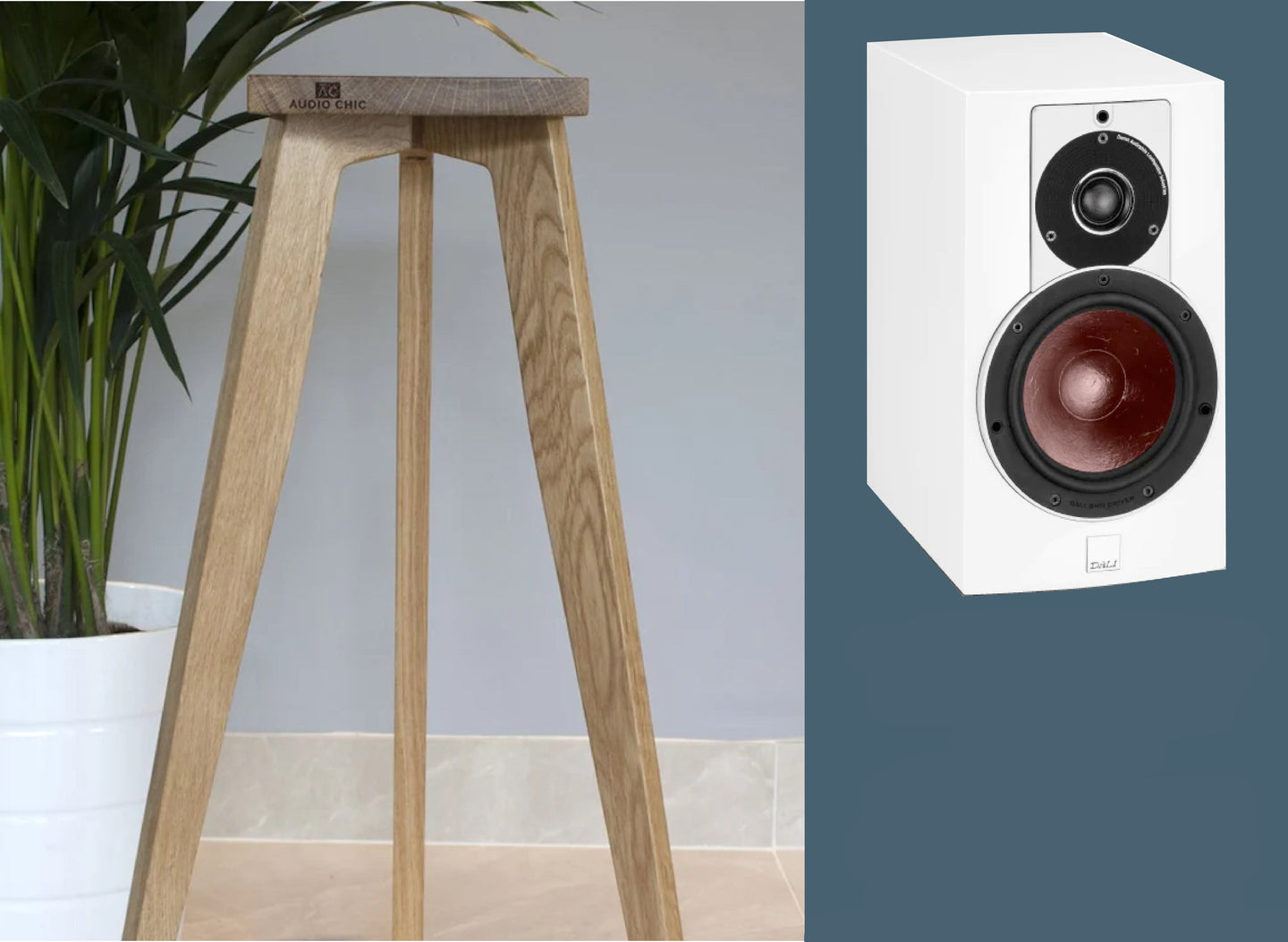 The image shows a pair of wooden speaker stands designed for the Dali Rubicon 2 speakers, featuring a shaped top plate. The stands are displayed in a natural oak finish. With the Audio chic brand logo on the front.