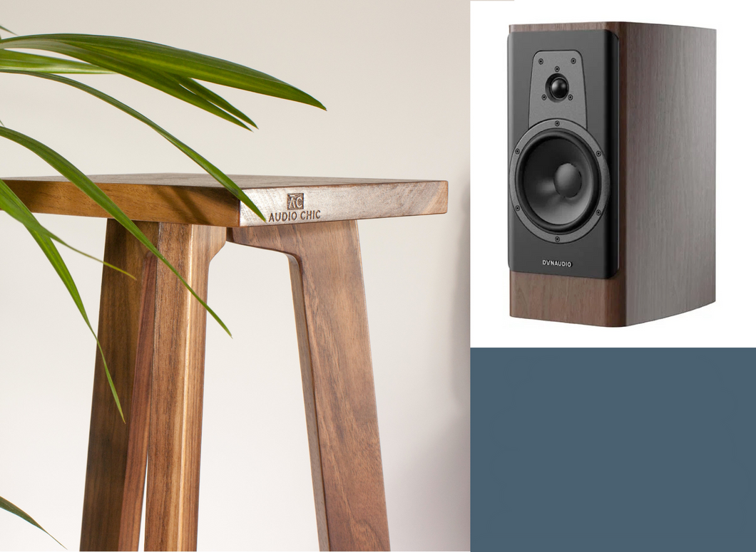 Wooden speaker stand with Dynaudio Contour 20i speakers on a white background