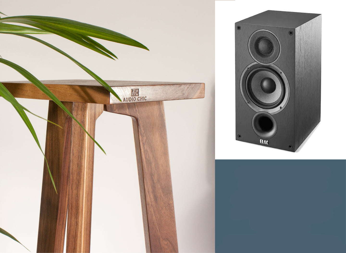 An Elac Debut B5.2 speaker with a wooden stand with a tripod base, with a plant in the background and Audio Chic brand logo on the front