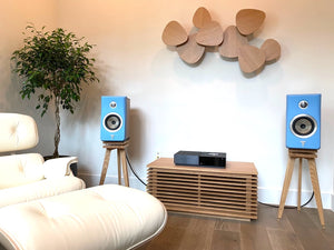 A modern home audio setup featuring blue Focal Kanta N1 speakers on wooden speaker stands by Audio Chic in a living room.