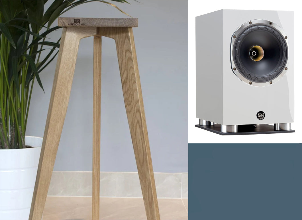 Wooden speaker stand next to a Fyne Audio speaker with text about height range.