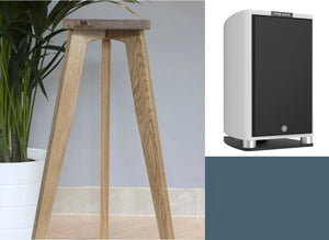Wooden speaker stand next to a Fyne Audio speaker with text about height range.