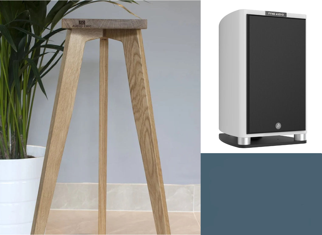 Wooden speaker stand next to a Fyne Audio speaker with text about height range.