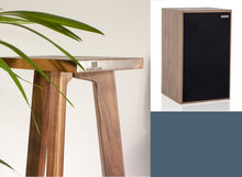 Load image into Gallery viewer, Harbeth M30.2 XD loudspeaker in a brown walnut finish on a tripod stand speaker stand by audio chic, with a description of the speaker stand heights and the loudspeaker model.