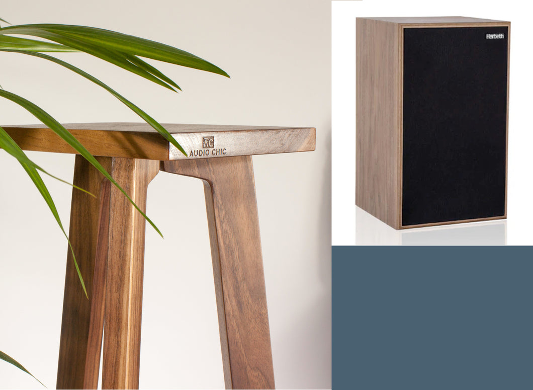 Harbeth M30.2 XD loudspeaker in a brown walnut finish on a tripod stand speaker stand by audio chic, with a description of the speaker stand heights and the loudspeaker model.