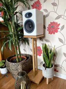 White speaker on a harmony speaker stand by audio chic with decorative plants and floral wallpaper in the background