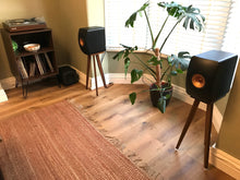 Load image into Gallery viewer, Room with KEF-LS50-Wireless-650-Oak-speaker-stands-by-audio-chic, a plant, and a rug.