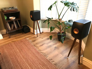 Room with KEF-LS50-Wireless-650-Oak-speaker-stands-by-audio-chic, a plant, and a rug.