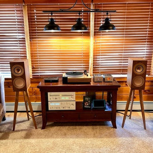 Living room with a wooden entertainment console, KEF R3 speakers on Walnut speaker stands from Audio Chic, and blinds.