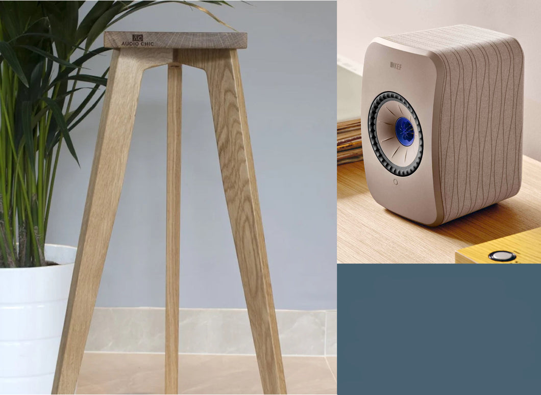 A pair of wooden speaker stands designed for KEF LSX II speakers, showing the stands in a room setup and a close-up of the stand's design with Audio chic logo.