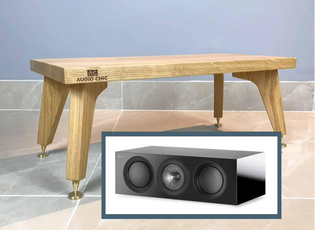 A Solid Oak Centre Speaker Stand with 'Audio Chic' branding and a close-up of KEF R2c Intergrated Music System