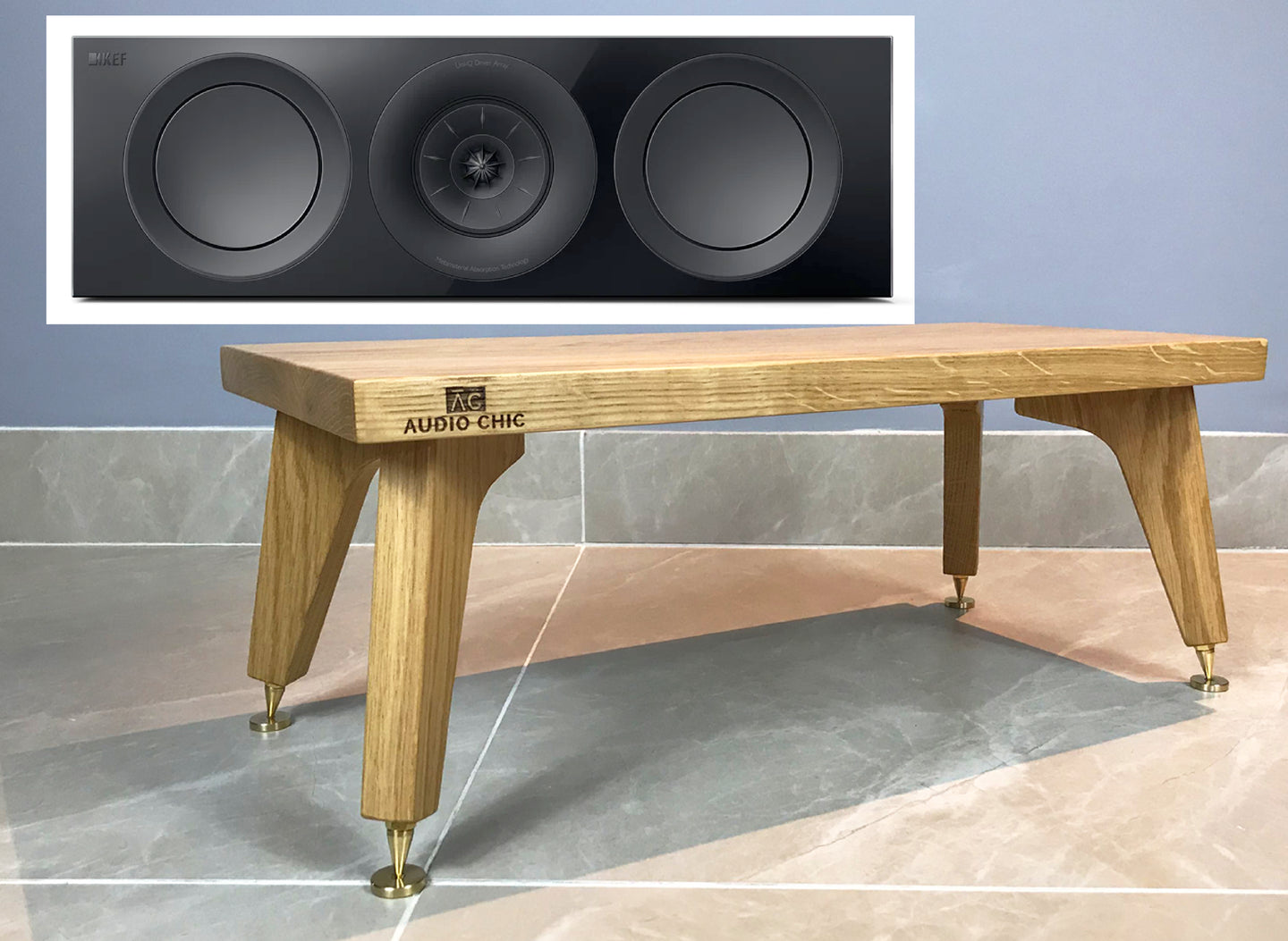 Wooden centre speaker stand with 'Audio Chic' branding next to a close-up of speakers on a grey background