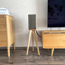 Load image into Gallery viewer, Klipsch-The-Fives-Speaker-on-Bittern-600-speaker-stand-in-oak-by-audio-chic. Modern wooden furniture and a speaker setup in a room with a television.