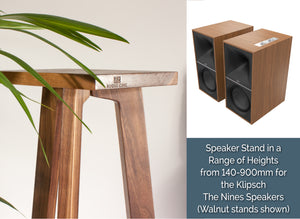 Speaker stands made of walnut by Audio Chic with Klipsch The Nines speakers