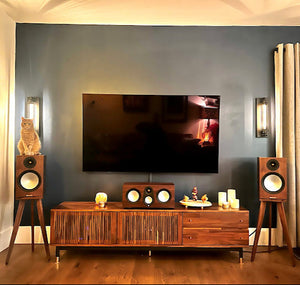Home theater setup with TV, speakers, and decorative items in a living room. Monitor-Audio-Silver-100-Bittern-Speaker-Stand-by-audio-chic-with a cat sat on top of the speaker.