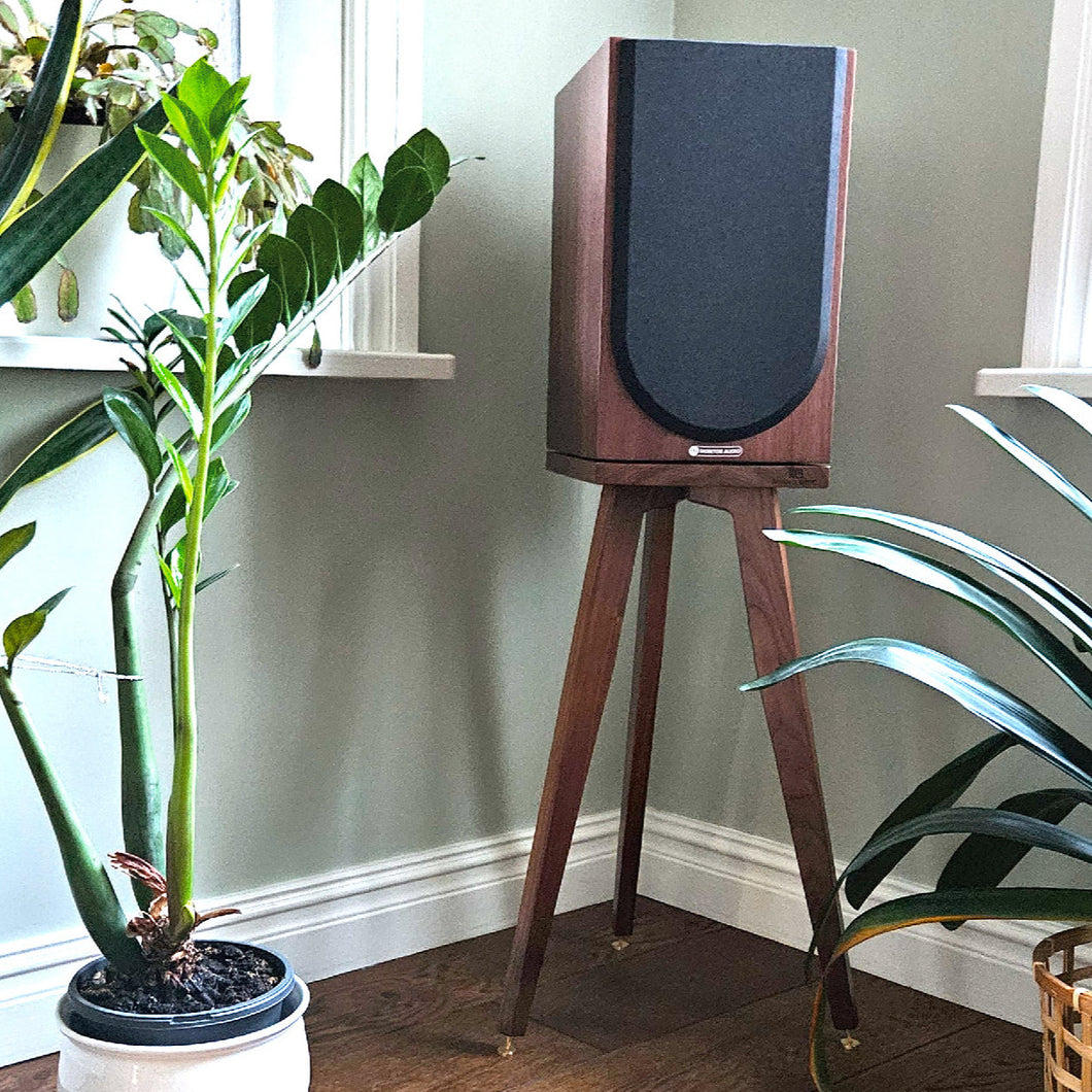 Monitor-Audio-Silver-100-Bittern-Speaker-Stand-by-audio-chic-cropped with plants in a room
