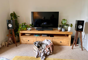 Monitor-Audio-Silver-50-7G-The-Heron-speaker-stand-by-audio-chic-in-Walnut-in a room setting with a dog in a basket under the TV.