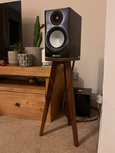 Load image into Gallery viewer, Monitor Audio Silver 50 7G Walnut Audio chic speaker stand with the speaker displayed seamlessly on top of the stand.