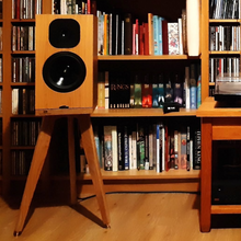 Load image into Gallery viewer, Wooden bookshelf with books and Neat-Momentum-SX3i-Egret-speaker-stand-audio-chic in a room setting.