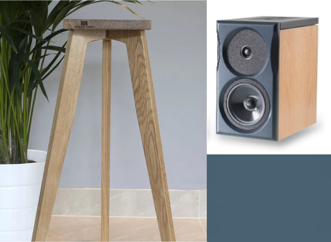 An oak wood speaker stand designed for Neat Acoustics Ultimatum XLS speakers, shown in an angled-shot position with a plant in the background.