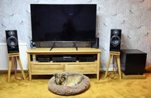 Load image into Gallery viewer, PMC Twenty 5.22i speaker stand with an isolation plinth in oak from Audio Chic. Featuring a home setting with a dog in a basket.