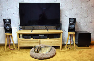 PMC Twenty 5.22i speaker stand with an isolation plinth in oak from Audio Chic. Featuring a home setting with a dog in a basket.