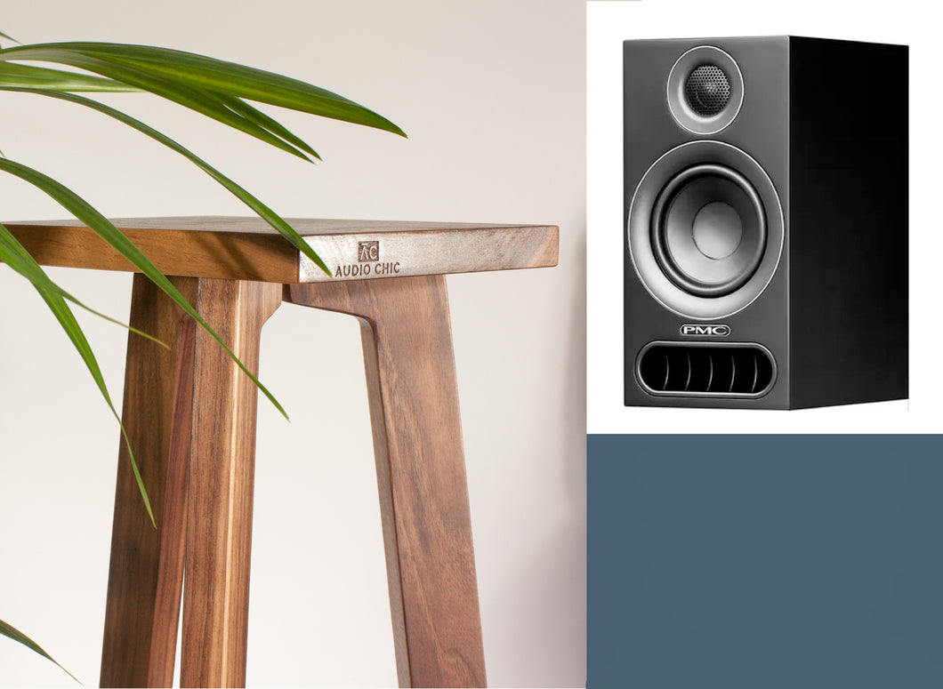 A black PMC Prodigy 1 speaker with a walnut Audio Chic speaker stand, with a plant in the background.