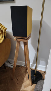 Black speaker on a wooden speaker stand against a white wall.