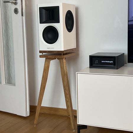 Radiant-Acoustics-Clarity-6.2-Bittern-600 mm speaker stands with plinths in Oak by Audio Chic in a room setting.