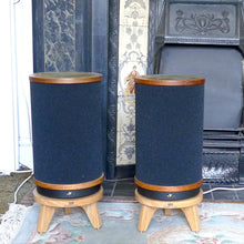 Load image into Gallery viewer, Rogers-hifi-JR149-circular-snipe-speaker-stand-by-audio-chic on a rug in front of a fireplace.