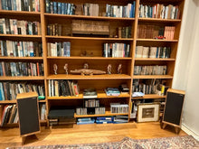 Load image into Gallery viewer, Rogers-hifi-LS7t-speakers-on-Drunken-Snipe-speaker-snipes-by-audio-chic in a library listening room.