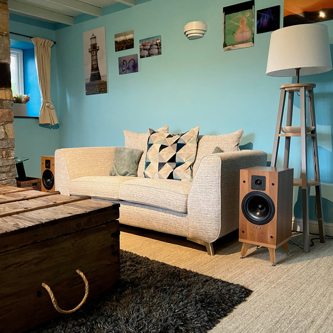 Living room with beige sofa, wooden coffee table, and decorative elements.
