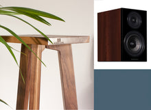 Load image into Gallery viewer, Wharfedale Diamond 12.1 speaker and walnut tri-leg speaker stand with audio chic logo on the front