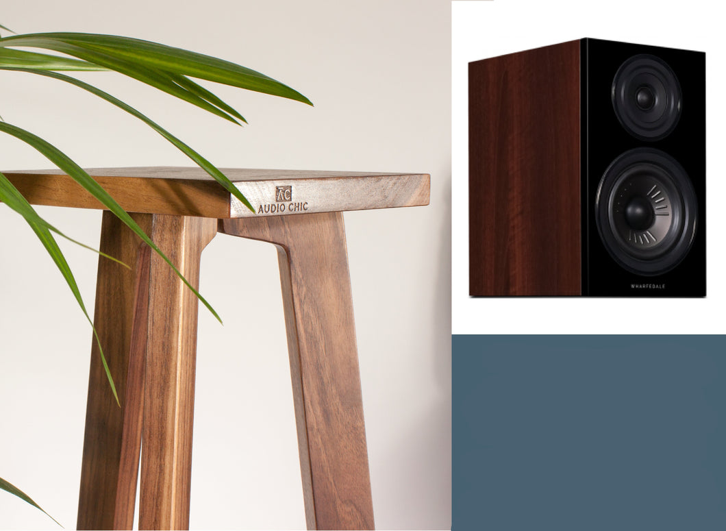 Wharfedale Diamond 12.1 speaker and walnut tri-leg speaker stand with audio chic logo on the front