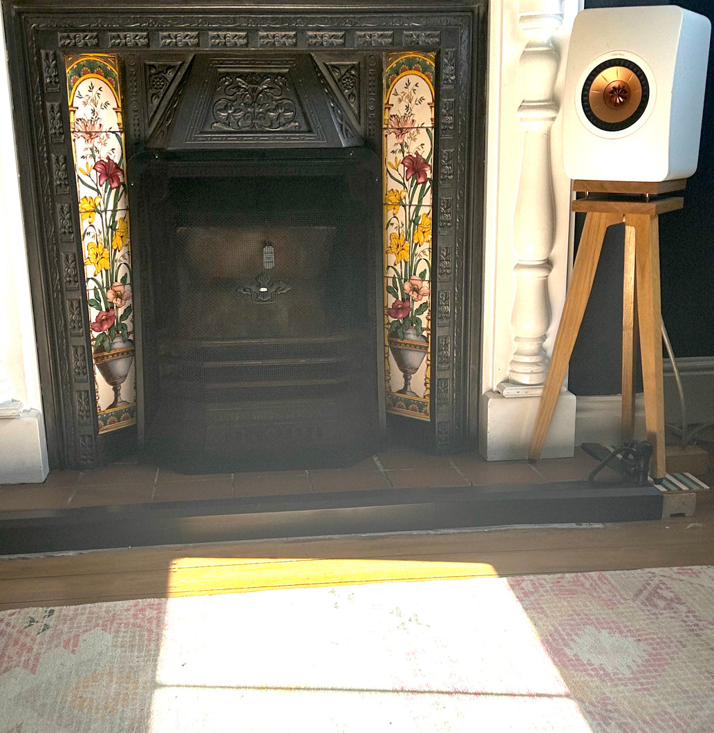Decorative fireplace and a modern speaker stand by Audio Chic with KEF LS50 meta speaker.
