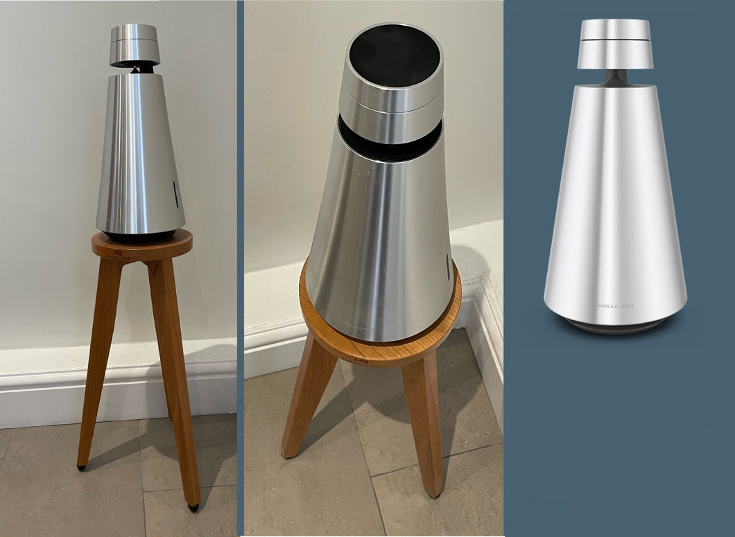 A set of images showcasing a speaker stand designed for Bang & Olufsen Beosound Portable Wi-Fi and Bluetooth speakers. The stand is made of wood with a circular top plate, and it is presented in various heights and angles, highlighting its design and functionality.