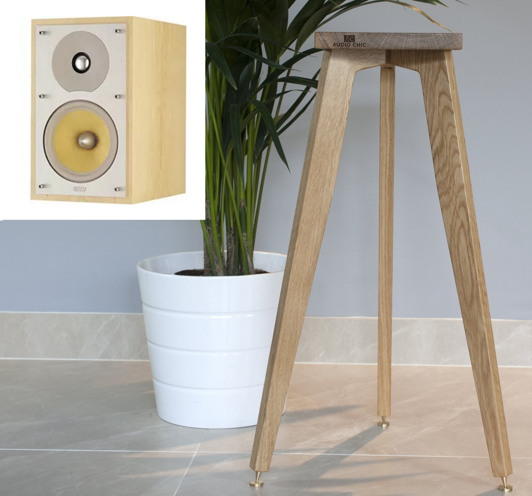 B&W CM2 Solid Oak Tri-Leg Design Speaker Stands by Audio Chic. Shown in Oak